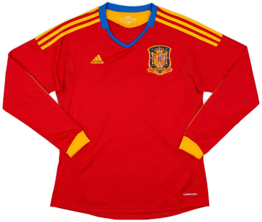 Red long-sleeve sports jersey with yellow stripes and Adidas logo on a white background